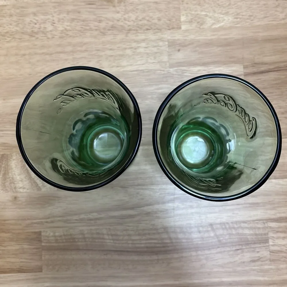LIBBEY COCA COLA Flared Green Glass Tumblers Embossed 14oz Set of 2